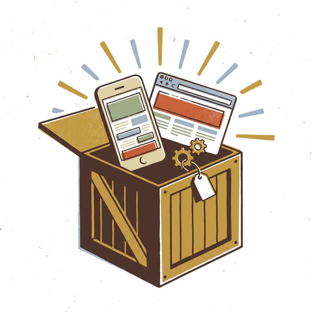 A screen-print of an open shipping crate with a finished phone app and browser window rising out of it, tagged and ready